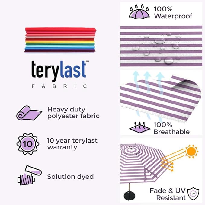 Midtown Umbrellas The Swilt 8 Feet Patio Umbrella in Terylast Midtown Stripes Purple/White Polyester Fabric - Fiberglass Ribs, Auto-Tilt Aluminum Frame For Backyard, Deck, Garden, Pool - White Pole