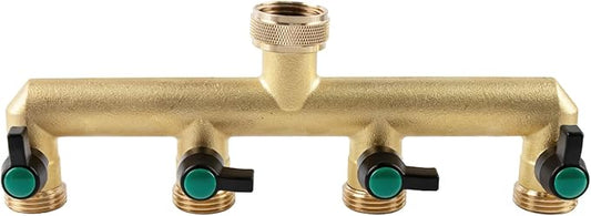Heavy Duty Solid Brass 4 Way Hose T Tap Connection with 4 Individual On/Off Valve and Extended Handle, Garden Outdoor Pipe Tap Splitter