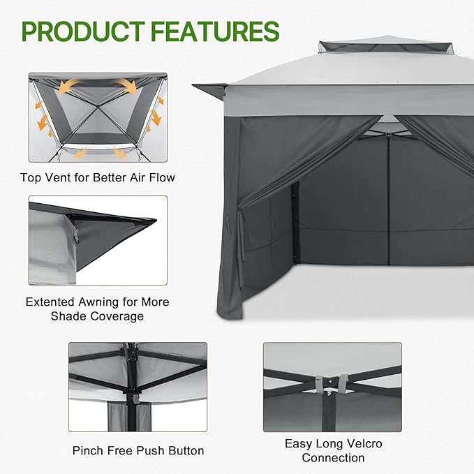 COOS BAY 11x11 Pop-up Instant Gazebo Tent with 4 Sidewalls Outdoor Canopy Shelter with Carry Bag, Stakes and Ropes, Gray