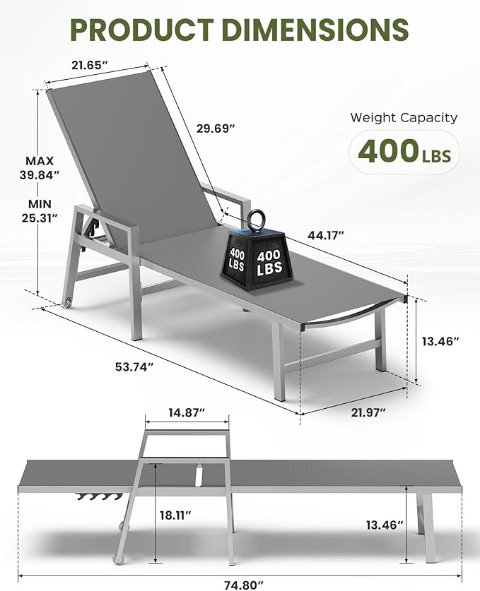 Patio Chaise Lounge Chair Outdoor with Wheels&Armrests, Aluminum Pool Lounge Chairs 5-Position Adjustable Recliner, Outdoor Beach Lounge Chairs for Poolside, Patio, Deck, Yard, Dark Gray
