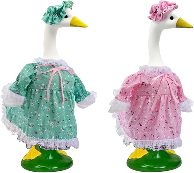 2-Pack Porch Goose Outfits for 23" Porch Goose- Lace Design Dress & Hat Set, Garden & Lawn Porch Goose Clothing for Patio Yard Lawn Decor (Green + Pink)