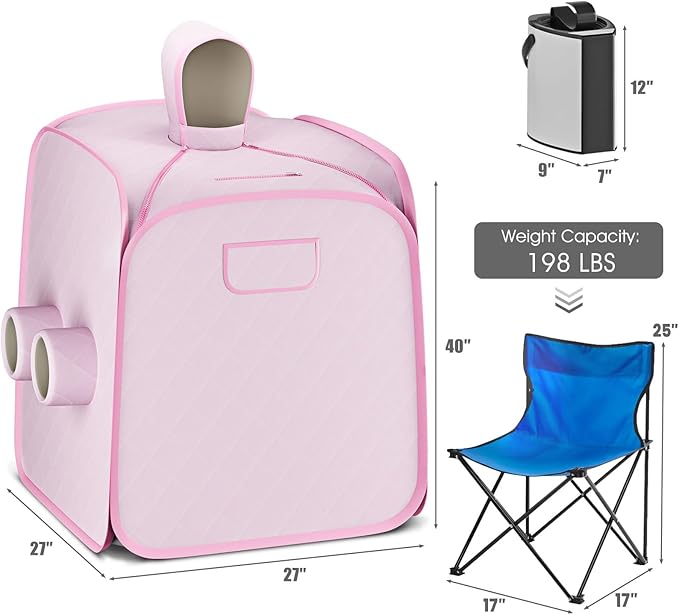 COSTWAY Portable Steam Sauna, Remote Control, 3L Steamer, Foldable Sauna Spa with 9 Temperature and 90 Mins Timer, Atomization, Personal Sauna Hat Tent for Detox Relaxation (Pink)