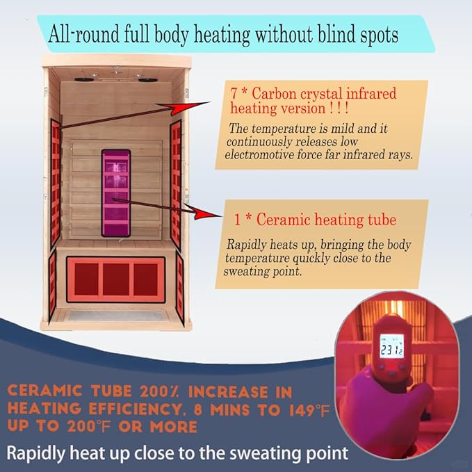 Ceramic Infrared Sauna 1 Person Infrared Sauna Hemlock Far Infrared Saunas for Home 2 in 1 Indoor Sauna Room with Low EMF Heaters + Ceramic Heating Cube-Chromotherapy-Bluetooth Speaker