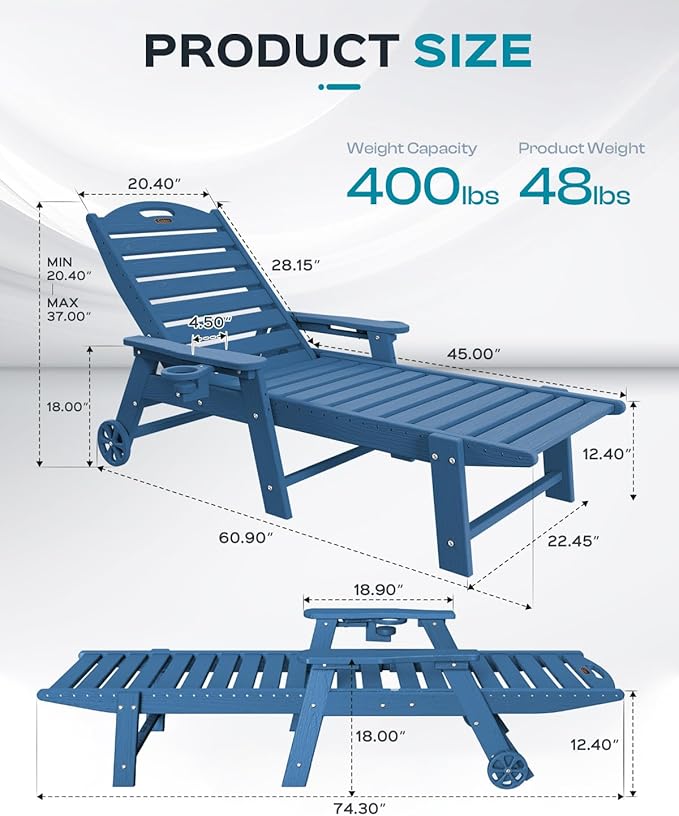 Lounge Chair Outdoor, Oversized Chaise Lounge Chair with 5 Positions, HDPE, Patio Lounge Chair with Wheels & Cup Holder for Pool, Deck, Poolside, Azure Blue