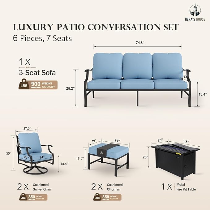 HERA'S HOUSE 6 Pieces Patio Furniture Set with Fire Pit Table, 2 x Swivel Chair, 2 x Ottoman, 3-Seat Sofa with 45" Fire Pit Table, Outdoor Conversation Set for Garden, Poolside, Backyard, Blue