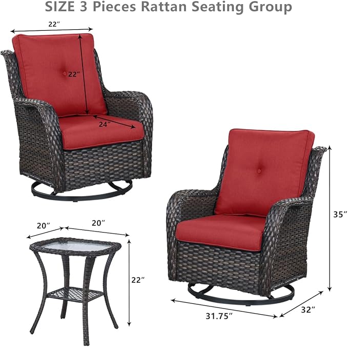 HUMMUH 3-Piece Swivel Rocking Rattan Chair Outdoor, Patio Bistro Furniture Conversation Set, Cushioned Wicker Chair with Glass Coffee Table