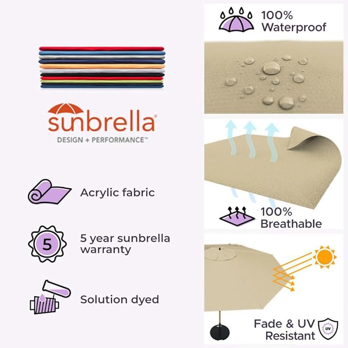 Midtown Umbrellas The Swilt 8 Feet Patio Umbrella in Sunbrella Heather Tan Acrylic Fabric - Fiberglass Ribs, Auto-Tilt Aluminum Frame For Backyard, Deck, Garden, Pool - White Pole
