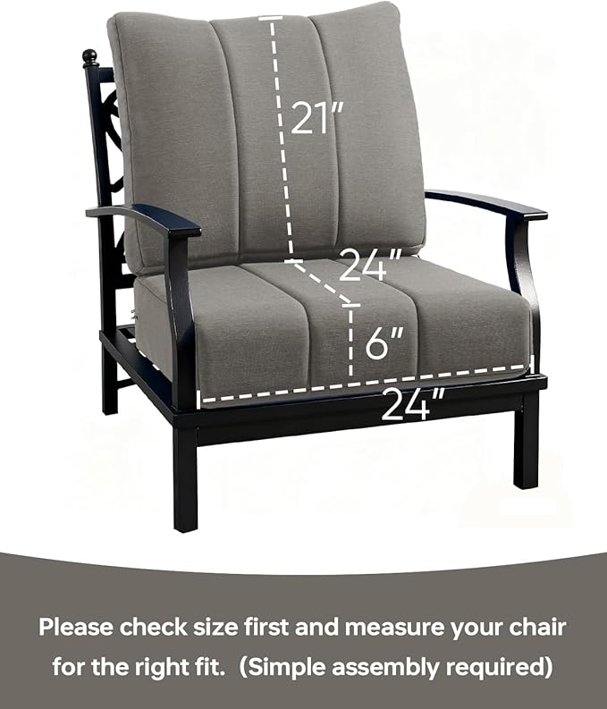 Luxury 24x24x6 Inch Kitty Outdoor Seat Cushions - Set of 2 Water Resistant Patio Chair Comfortable Cushion for Rattan Dining Rocker Glider Chairs Loveseat Couch Sectional Sofa - Grey