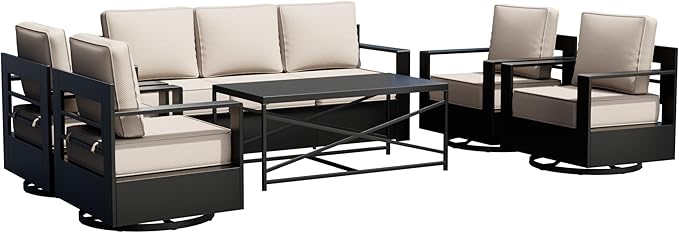 Outdoor Patio Furniture Set, 6-Piece Aluminum Patio Conversation Set All-Weather Metal Outdoor Sectional with 6 Inch Thick Cushions, Deep Setting for Garden, Outside and Porch