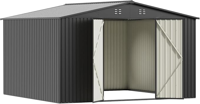 PABIMIA10X10 FT Outdoor Storage Shed, Durable Metal Outside Storage with Lockable Doors, Waterproof Storage Shed for Tools, Equipment, Ideal for Backyard Garden Patio Lawn