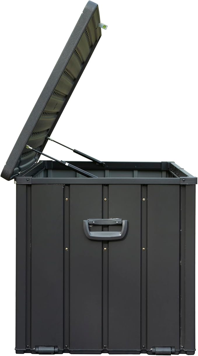 LANTRO JS Pool Storage Box 120 Gallon, Waterproof Deck Box, Resin Lid Metal Patio Storage Bin with Lockable, Dark Gray