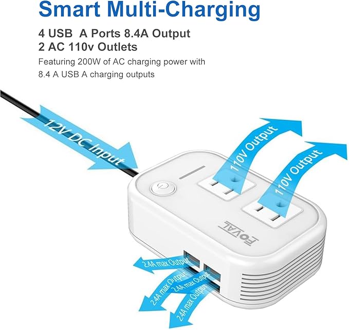 200W Car Power Inverter, FOVAL 12V DC to 110V AC Car Inverte with 4 USB Ports Car Outlet Adapter, Power Inverter for Vehicles, Car Plug Adapter Outlet for Laptop Computer Charger (White)