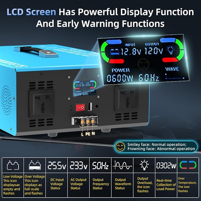 4000W Pure Sine Wave Power Inverter Voice Control AI Voice Assistant Support English 24V to 120V 60HZ with LCD Display, USB Port, for Car Home Laptop Truck