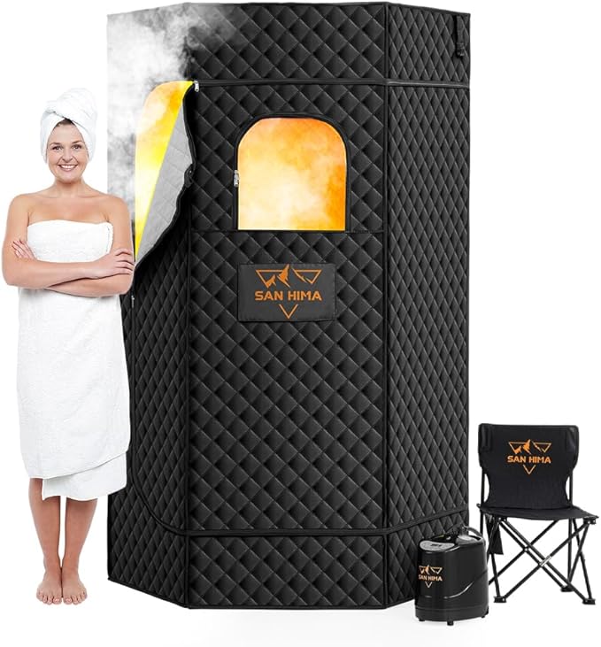 SAN HIMA Portable Sauna for Home - Personal Steam Sauna Box at Home Spa with 3L 1500W Steamer, 9 Levels Heat, 90 Minute Timer, Dimmable LED Light, Foldable Chair, Remote Control for Indoor Outdoor