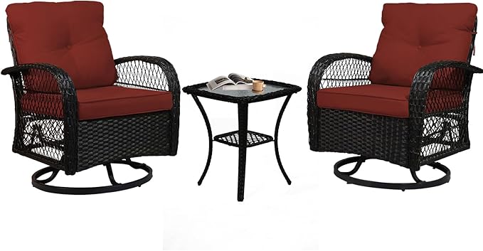 Patio Furniture Set Swivel Rocker, Outdoor Patio Chairs, 3 Piece Suit Porch Furniture Rocking Set, Backyard Rocker Rattan Chair, with Thickened Cushions and Glass Coffee Table(Wine Red)