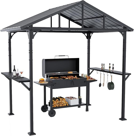 Gotland 8' x 5' Grill Gazebo, Outdoor Metal BBQ Gazebo with Triangular Structure Roof & Drainage Holes, Grill Canopy with 2 Side Shelves, for Deck Lawn Backyard