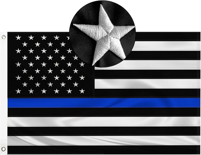 Embroidered Thin Blue Line Police Flag 3x5 Outdoor Lives Matter Law Enforcement Banner Polyester Fiber Back the Blue Flag Bright Color with Durable Canvas Header and 2 Brass Grommets