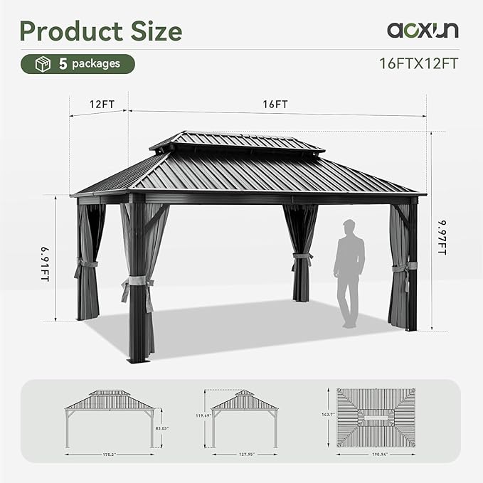 Aoxun 12FT X 16FT Hardtop Gazebo, Outdoor Pergolas with Mosquito Netting and Curtains, Galvanized Steel Double Roof Permanent Aluminum Gazebo, for Gardens, Decks, Patios, Parties, with Ground Nails