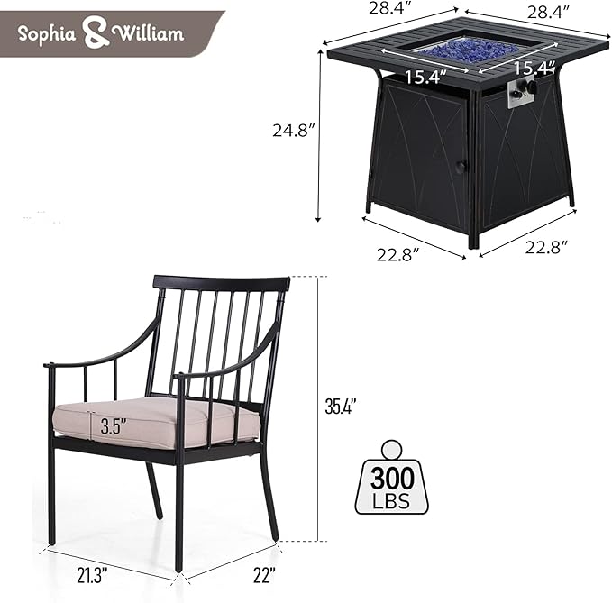 Sophia & William 5 Pieces Outdoor Dining Set with Fire Pit Table, Outdoor Patio Furniture Conversation Set with 4 Chairs & 50,000 BTU Square Propane Firepit Table for Porch Deck