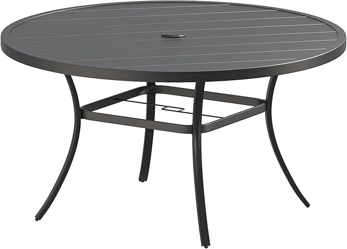 VICLLAX Outdoor Patio Round Dining Table, 50"x 50" Metal Slatted Round Tabletop with Adjustable Umbrella Hole for Deck Lawn Garden Backyard, Black