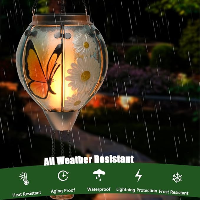 Hot Air Balloon Solar Lantern - Butterfly Stained Glass Lantern, Simulated Flickering & Dancing Flame, Outdoor Hanging Yard Light Waterproof IP65 for Patio Lawn Porch Decor Gift
