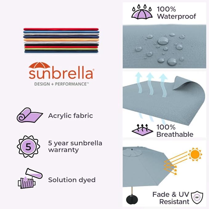Midtown Umbrellas The Swilt 8 Feet Patio Umbrella in Sunbrella Canvas Haze Acrylic Fabric - Fiberglass Ribs, Auto-Tilt Aluminum Frame For Backyard, Deck, Garden, Pool - White Pole