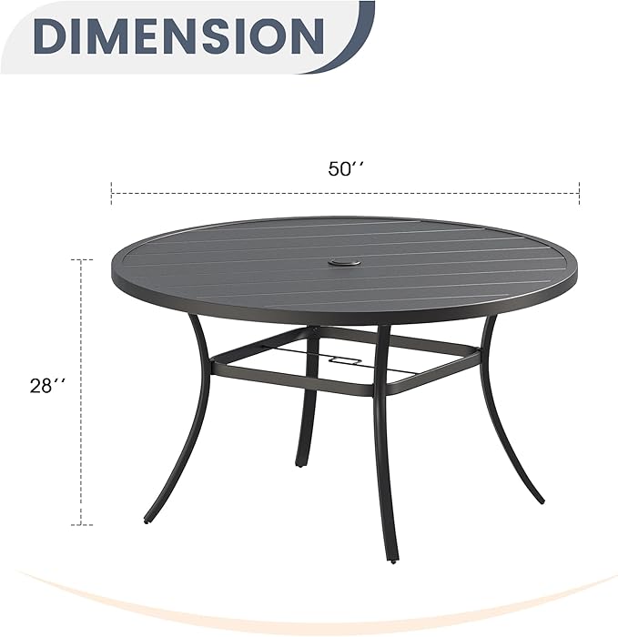 VICLLAX 50" Outdoor Round Patio Dining Table for 4-6, All Weather Metal Dining Table with Umbrella Hole for Deck Lawn Garden Backyard, Black