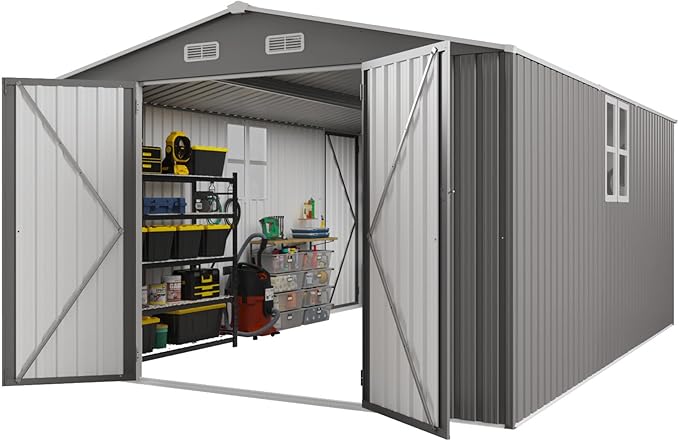 10x14 FT Large Outdoor Storage Shed,Durable Metal Garden Shed with Three Lockable Doors and Two Windows,Waterproof Tool Shed for Backyard Patio,All-Weather Shelter for Bike,Lawn Mowers,Grey