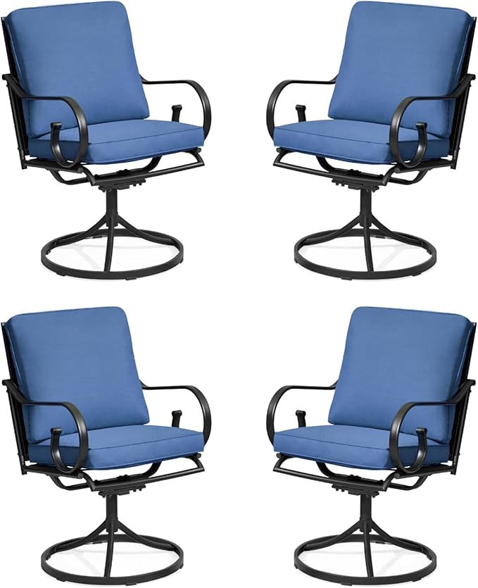 MELLCOM Patio Swivel Chair Set of 4, Heavy Duty Outdoor Dining Chairs with Thickened Cushions, Metal Patio Chairs Gentle Rocker for Outside, Garden Lawn & Porch, Backyard, Blue