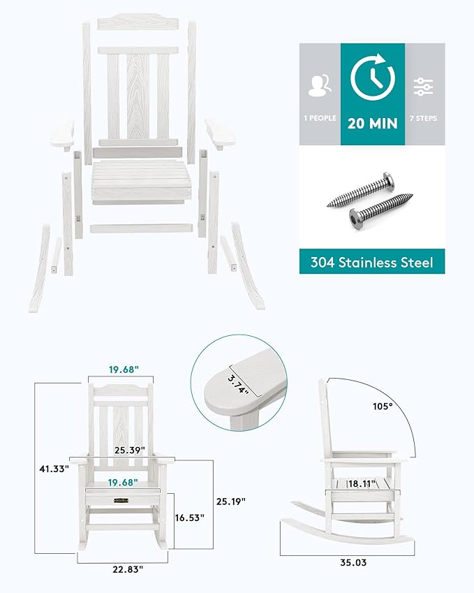 SERWALL Outdoor Rocking Chair White Set of 4, All Weather Patio Rocking Chair, HDPE Poly Rocking Chair for Adults, Heavy Duty Front Porch Rocker