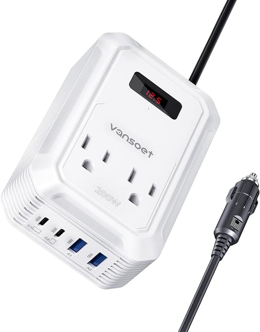 200W Car Power Inverter DC 12V to 110V AC Inverter with PD 65W/30W USB C & 2 QC 18W USB Ports & 2 AC Outlets,Car Pluɡ Adapter Outlet for Laptop/Phone/Road Trip