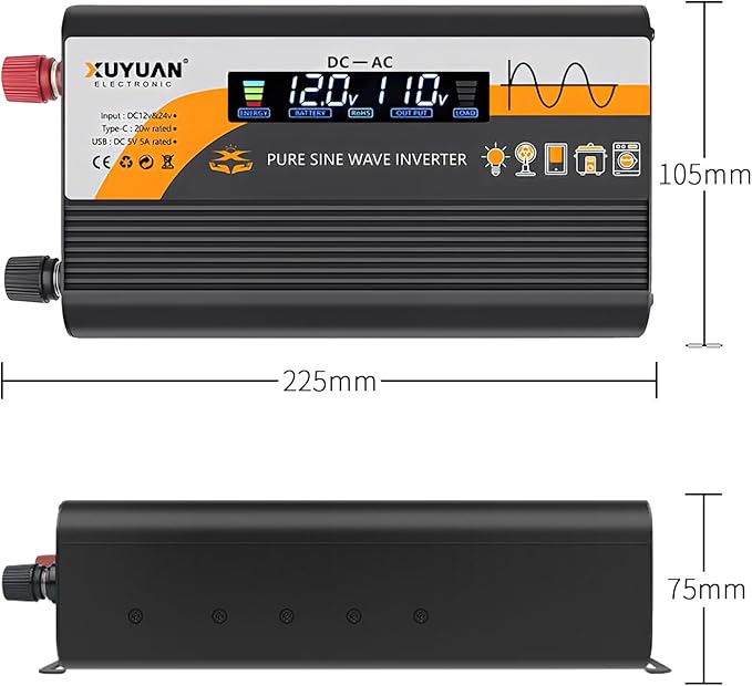 500W Pure Sine Wave Inverter (1000W Peak), 12V/24V Auto-Detect, 50Hz/60Hz Switchable, LCD Display, Type-C Fast Charging, Silent Design, Overload & Overheat Protection for RV, Home (Black-500W)