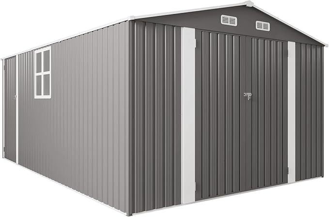 10x14 FT Large Outdoor Storage Shed,Durable Metal Garden Shed with Three Lockable Doors and Two Windows,Waterproof Tool Shed for Backyard Patio,All-Weather Shelter for Bike,Lawn Mowers,Grey
