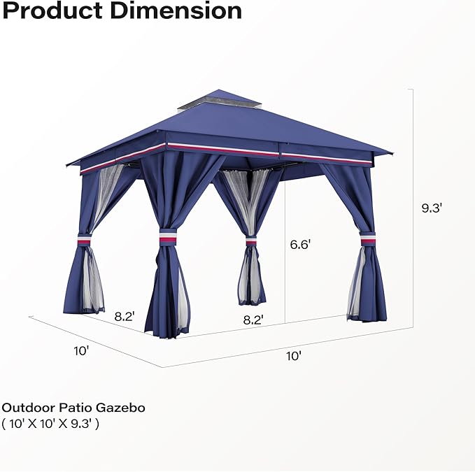 Outdoor Patio Gazebo 10FT, Heavy Duty Party Tent & Shelter with 2-Tier Roof and Expansion Bolts, Mosquito Nettings and Privacy Screens for Backyard, Garden, Poolside, Classic Blue