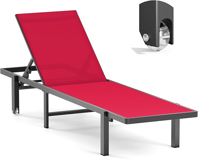 Aluminum Chaise Lounge Chair Outdoor with Wheels, Patio Lounge Chair with Adjustable 5-Position Recliner and Full Flat Tanning Chair for Patio, Beach, Pool, Red