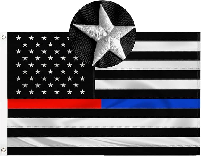 Embroidered Thin Blue and Red Line Flag 3x5 Outdoor Police Firefighter Flag Polyester Fiber Bright Color with Durable Canvas Header and 2 Non Fading Brass Grommets