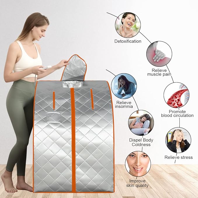 ZONEMEL Infrared Sauna, 1 Person Full Body Sauna, 3 Far Infrared Heating Panels, Remote Control, Built-in Foot Pad, Hand Pocket, Portable Folding Chair (L 27.6’’ x W 31.5’’ x H 37.8’’, Silver Orange)