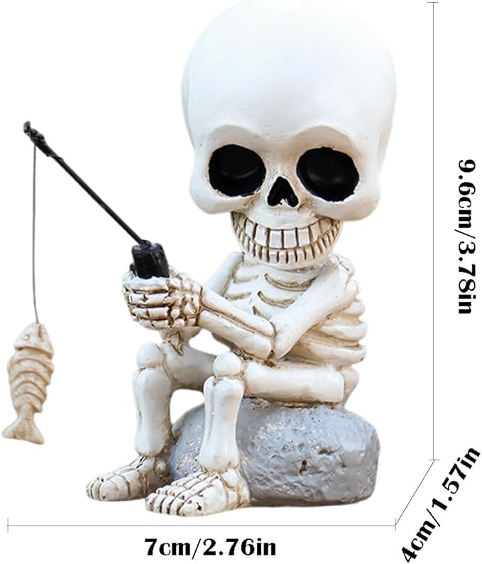Fishing Skeleton Statue with Rotating Head Funny Halloween Decor, 3.8 Inch Cute Sitting Skull Figurine Resin Sculpture for Outdoor Garden Yard Lawn Pond Pool Ornaments