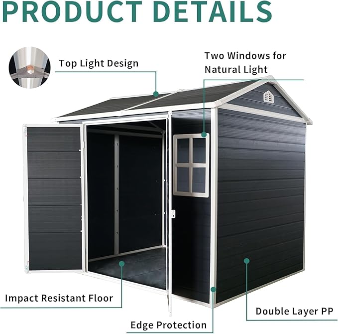LANTRO JS Storage Shed with Floor Included, 8x4FT Plastic Storage Shed with Floor 2 Windows and Lockable Door Sheds for Garden Tools, Bike
