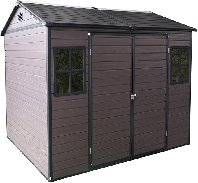 8x6 FT Resin Outdoor Storage Shed with Floor, Windows & Lockable Doors Waterproof All-Weather Garden Shed for Backyard, Patio, and Lawn Equipment Storage, Brown