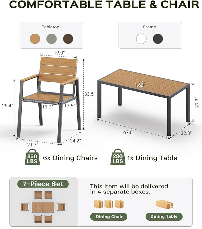 Outdoor Dining Set for 6, Patio Table and Chairs Set, Aluminum Patio Furniture Set with Umbrella Hole, HDPS Patio Dining Table Set for 6 (Gray-Teak)