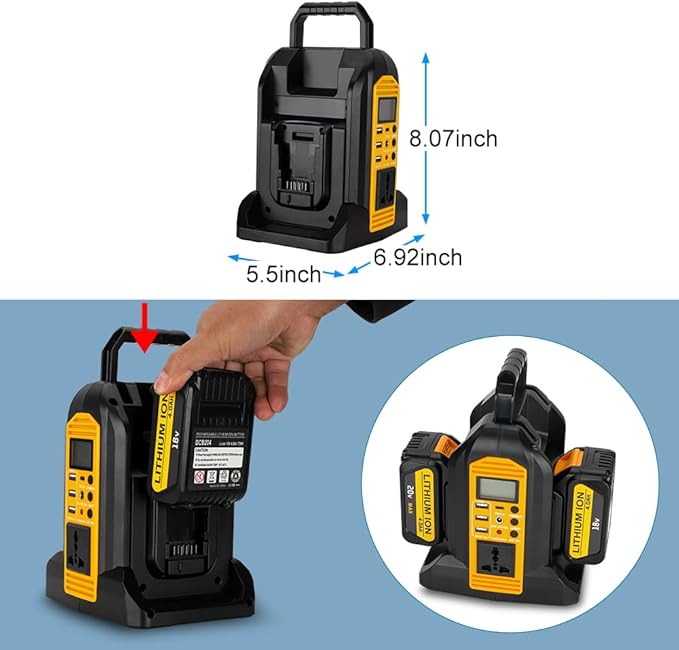 350W Power Inverter Compatible with Dewalt 20v Battery 2-Ports DC 20V to AC 110-120V Pure Sine Wave Battery Inverter with LED Light, 3 USB-A Port,1 Type-C Port,1DC Port for Camping Emergency