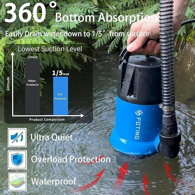 FOTING Sump Pump Automatic 3/4HP Clean/Dirty Submersible Water Pump, 3500GPH Utility Pump Thermoplastic Electric Portable Transfer Water Pump for Swimming Pool Garden Pond Basement with 16ft Long Cord