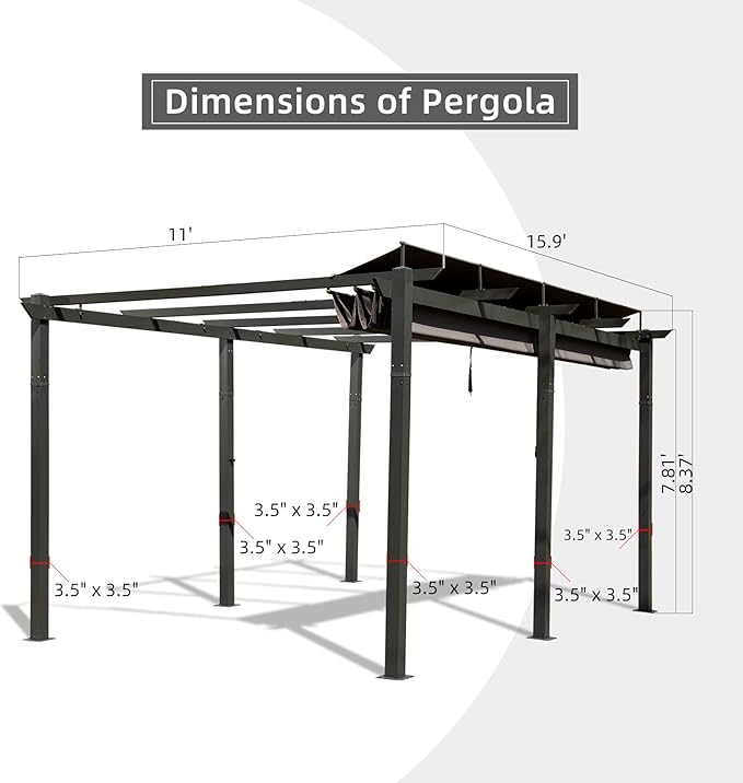 Domi 11’ X 16’ Outdoor Retractable Pergola with Weather-Resistant Canopy Aluminum Garden Pergola Patio Grill Gazebo for Courtyard