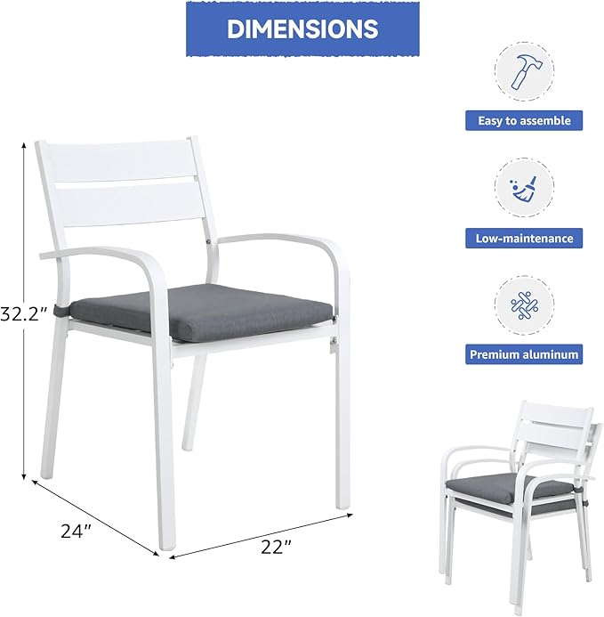 Soleil Jardin Outdoor Aluminum 4-Piece Patio Dining Chairs with Cushions, Stackable Bistro Chairs for Balcony, Garden, Backyard, White Finish & Grey Cushion