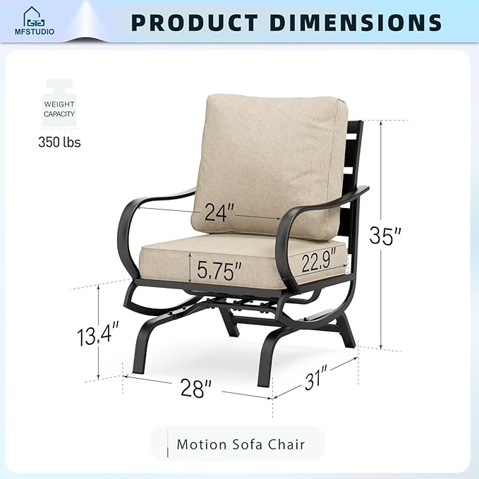 MFSTUDIO Metal Patio Conversation Sets, Outdoor Furniture Sofas Set of 2, 2 Pieces Durable Steel Frame Patio Rocking Chairs with 5.8" Beige Cushions for Patio Garden Backyard Balcony