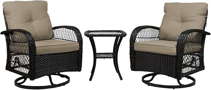 Patio Furniture Set Swivel Rocker, Outdoor Patio Chairs, 3 Piece Suit Porch Furniture Rocking Set, Backyard and Garden Rocker Rattan Chair, with Thickened Cushions and Glass Coffee Table(Brown)