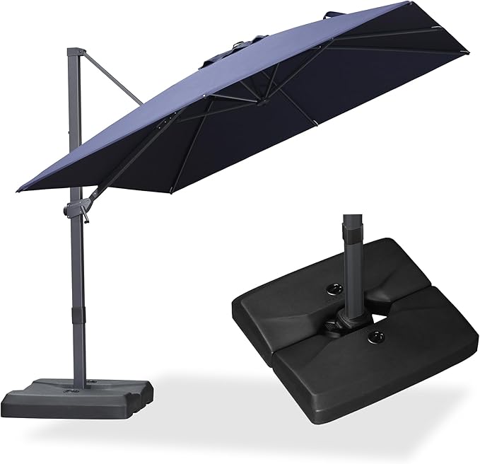 PURPLE LEAF 9' × 9' Patio Cantilever Umbrella with Base Outdoor Square Adjustable Offset Umbrellas with 360-degree Rotation and 8 Heavy Duty Metal Ribs for Garden Deck Pool Navy Blue