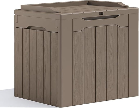 Patiolife 30 Gallon Resin Deck Box, Small Outdoor Storage for Garden Tools, Pool Supplies, Waterproof and Lockable, Brown
