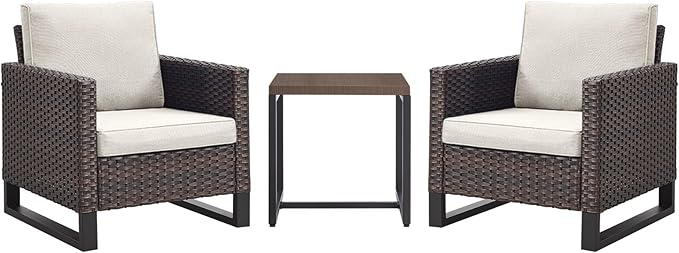 Rilyson Wicker Outdoor Patio Chairs Set - 3 Piece Rattan Patio Furniture Bistro Chairs Set with Waterproof Wicker,Comfortable Cushions and Sturdy Metal Frame for Porch Deck Backyard(Brown/Beige)